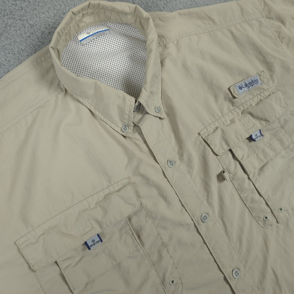 Columbia PFG Shirt Mens Large Tan Fishing Outdoor Vented Short Sleeve Omni Shade
